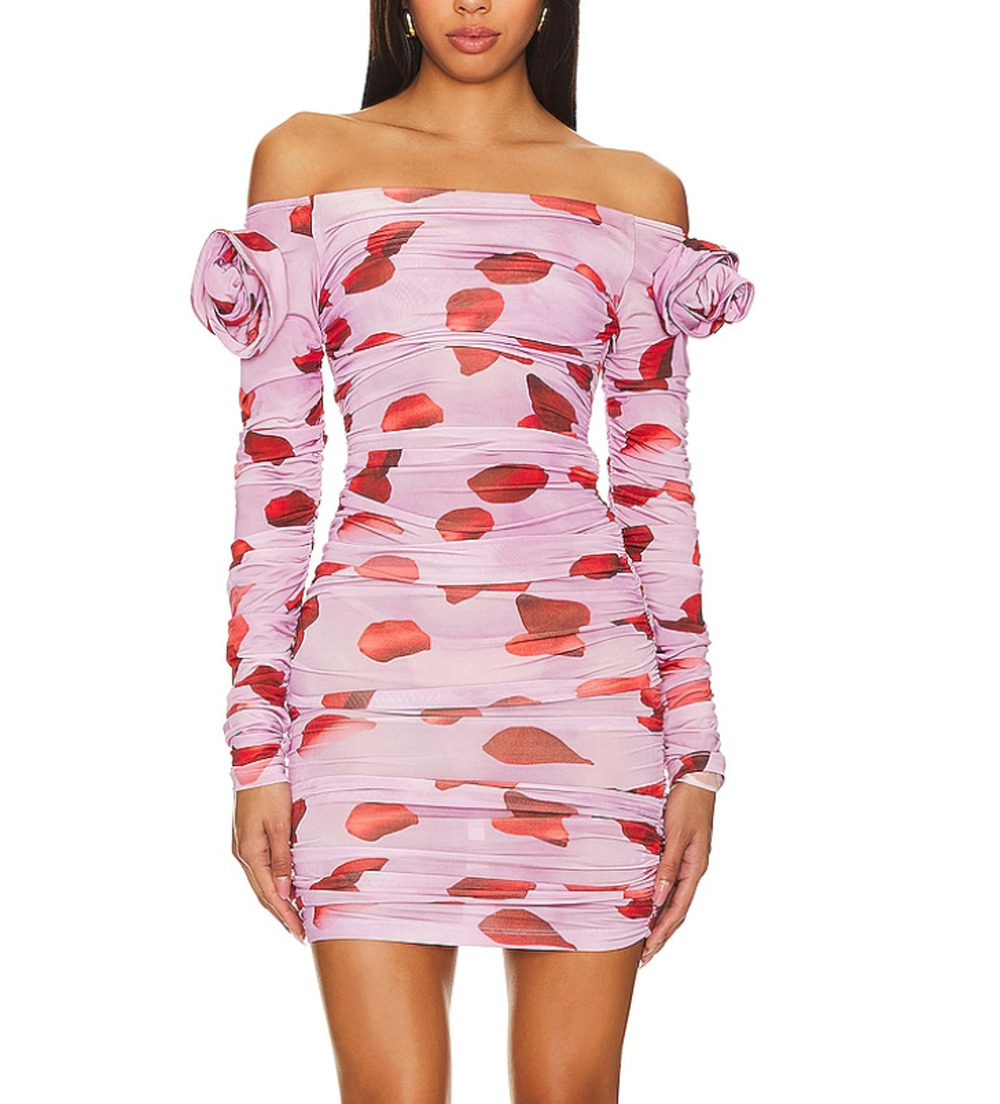 Mirae Pink Bodycon Mini Dress Size 2 Mesh Ruched Cocktail Off Shoulder $475 NEW